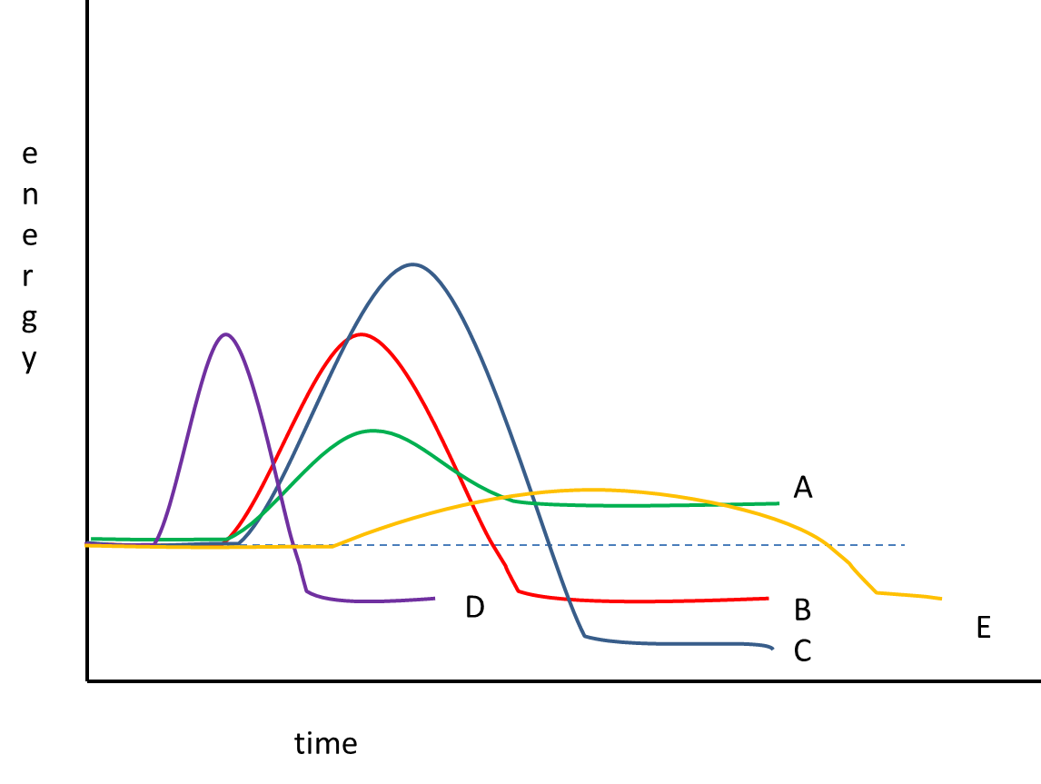 A plot showing several energy vs. time curves for various reactions.